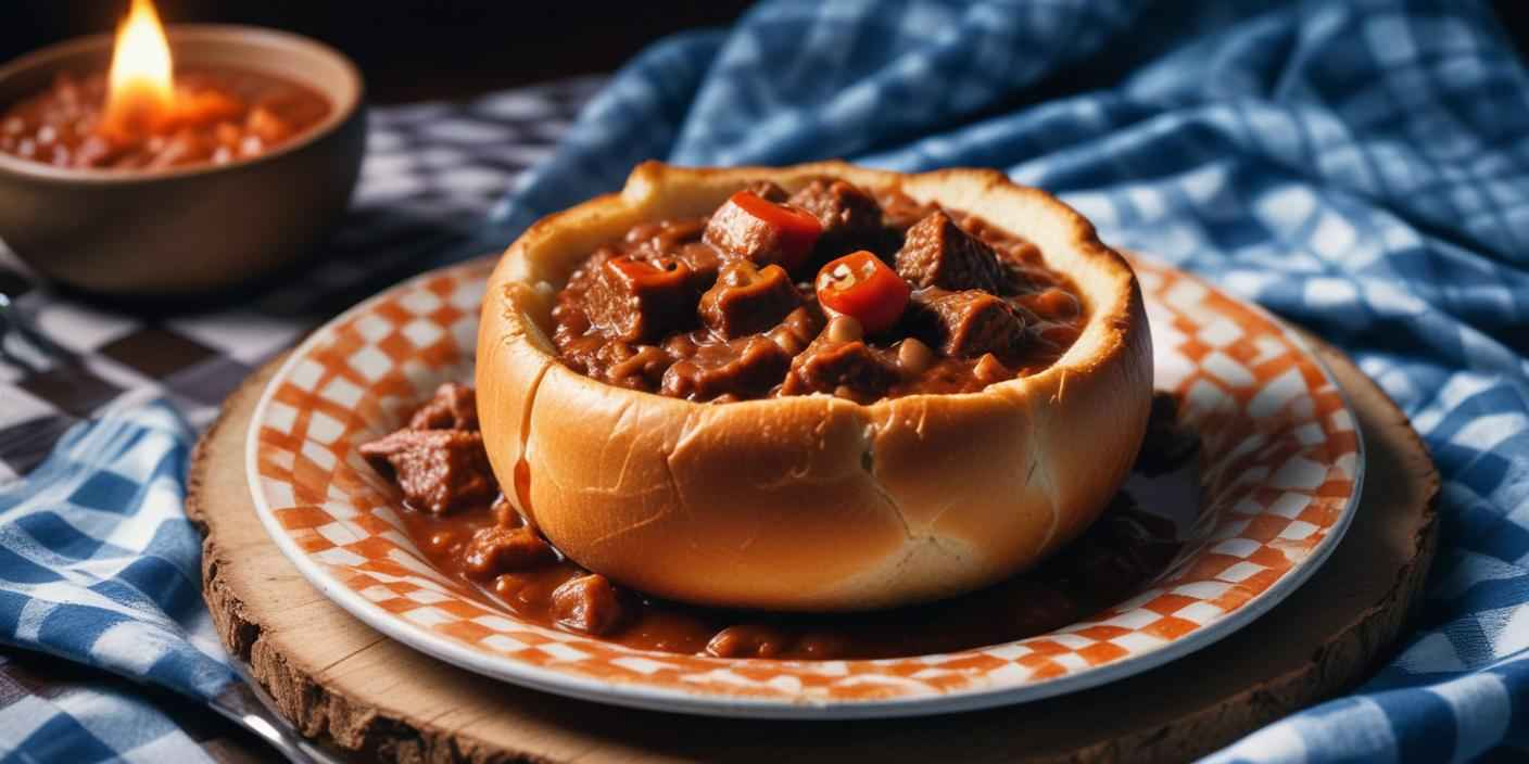 Thick beef stew served inside a bread bowl, garnished with red chili peppers.