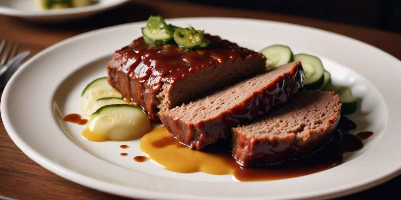 A plate of meatloaf served with mashed potatoes, roasted vegetables, and fresh herbs.