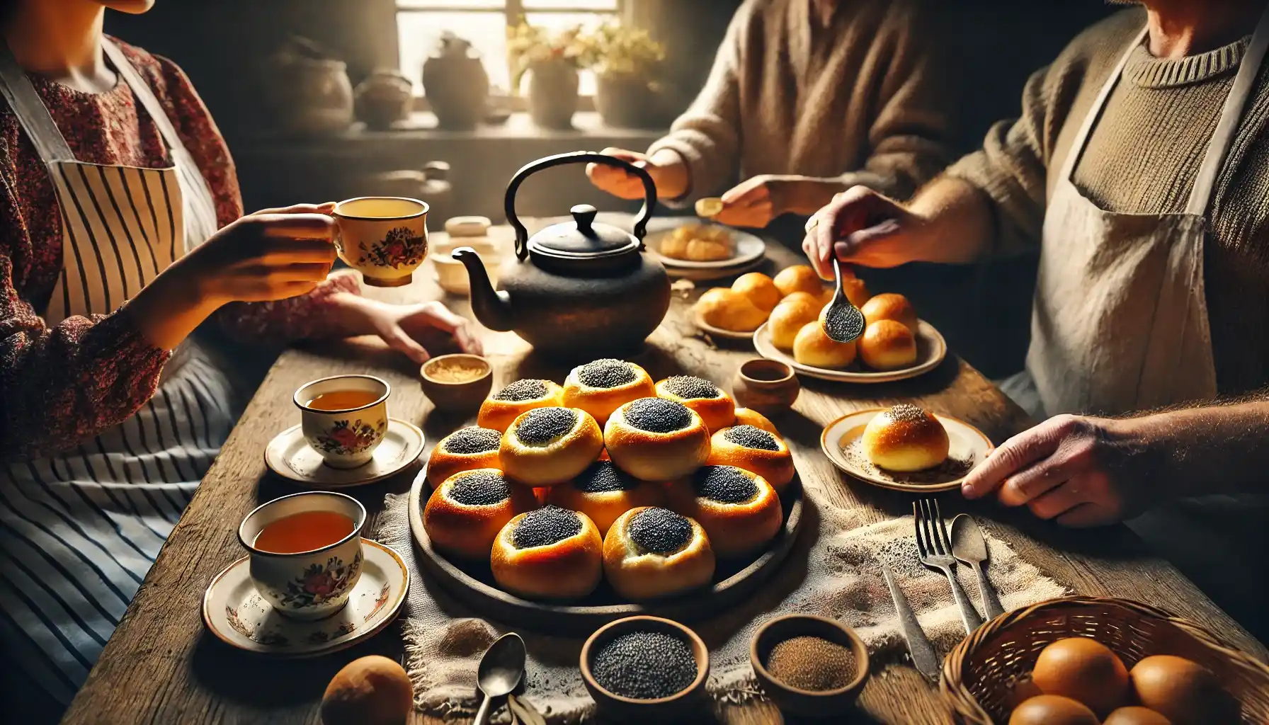 Cozy tea-time setting with various pastries, jam, and a teapot. BookOfFoods