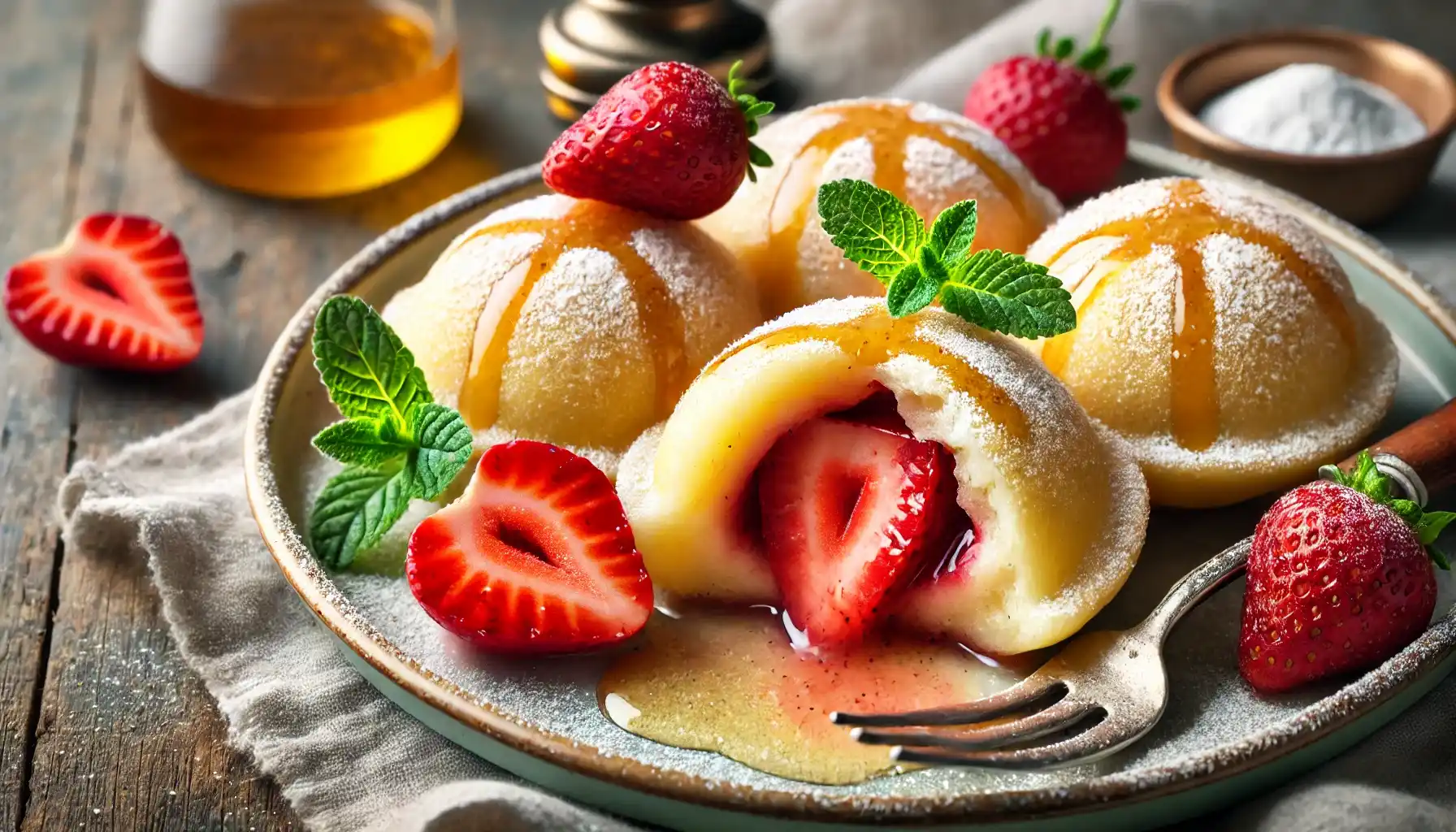 Close-up of a sweet dumpling filled with strawberries, dusted with powdered sugar, and garnished with mint. BookOfFoods