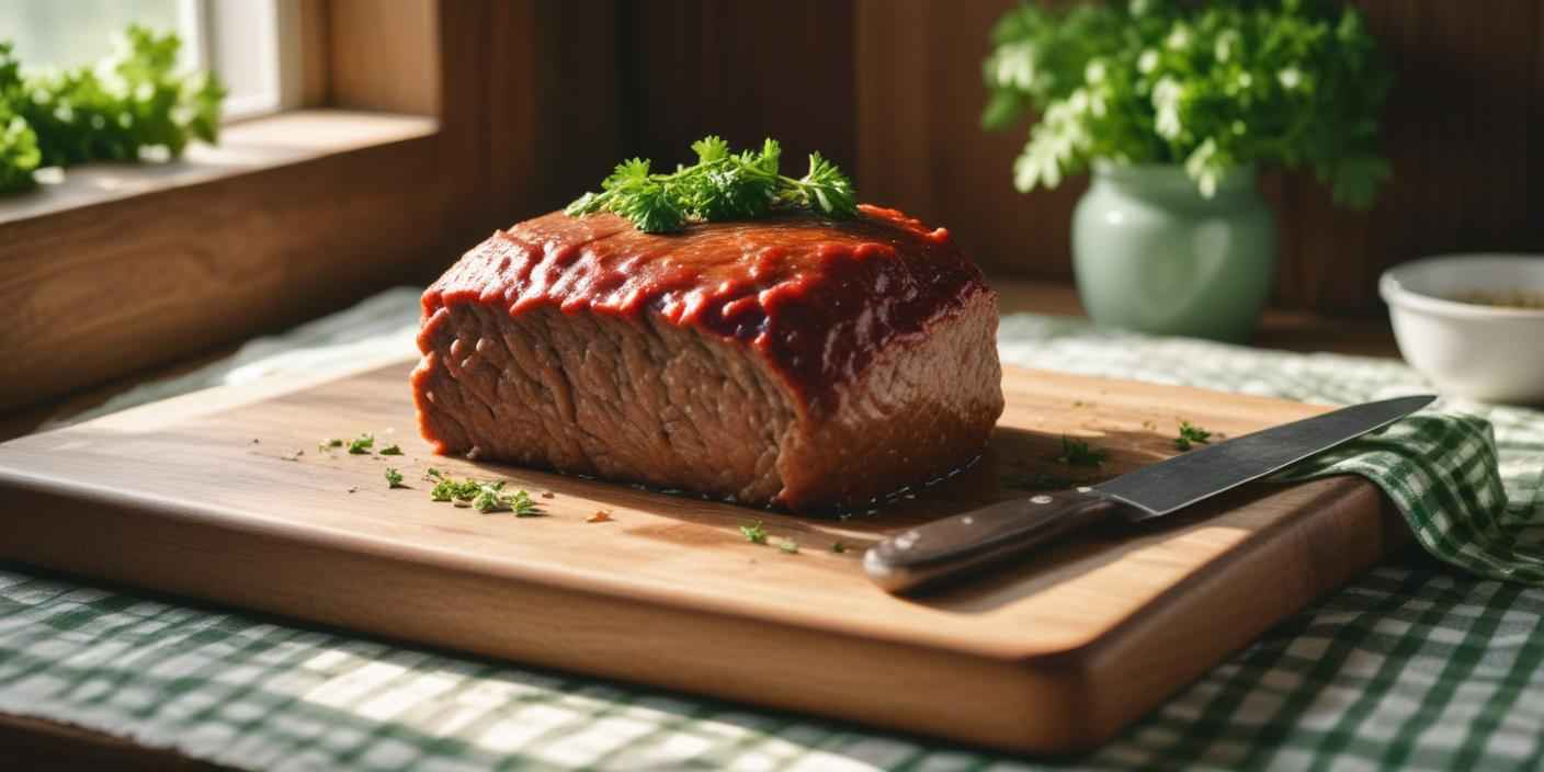 A thick slice of glazed meatloaf on a wooden board, served with pickles.