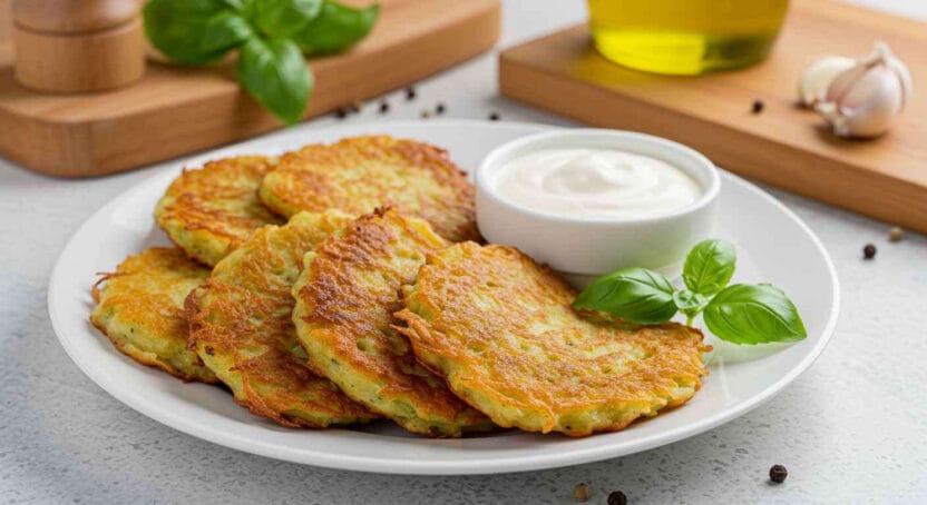 A plate of crispy zucchini pancakes served with sour cream and fresh basil leaves.