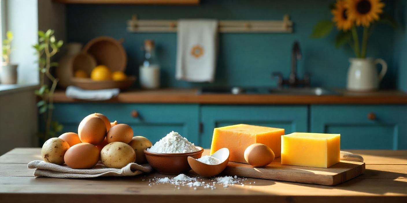 Rustic kitchen counter with potatoes, eggs, flour, and cheese ready for cooking.