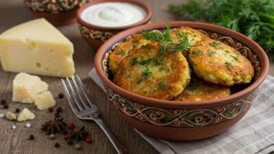 A bowl of golden potato pancakes garnished with fresh herbs, served with sour cream.