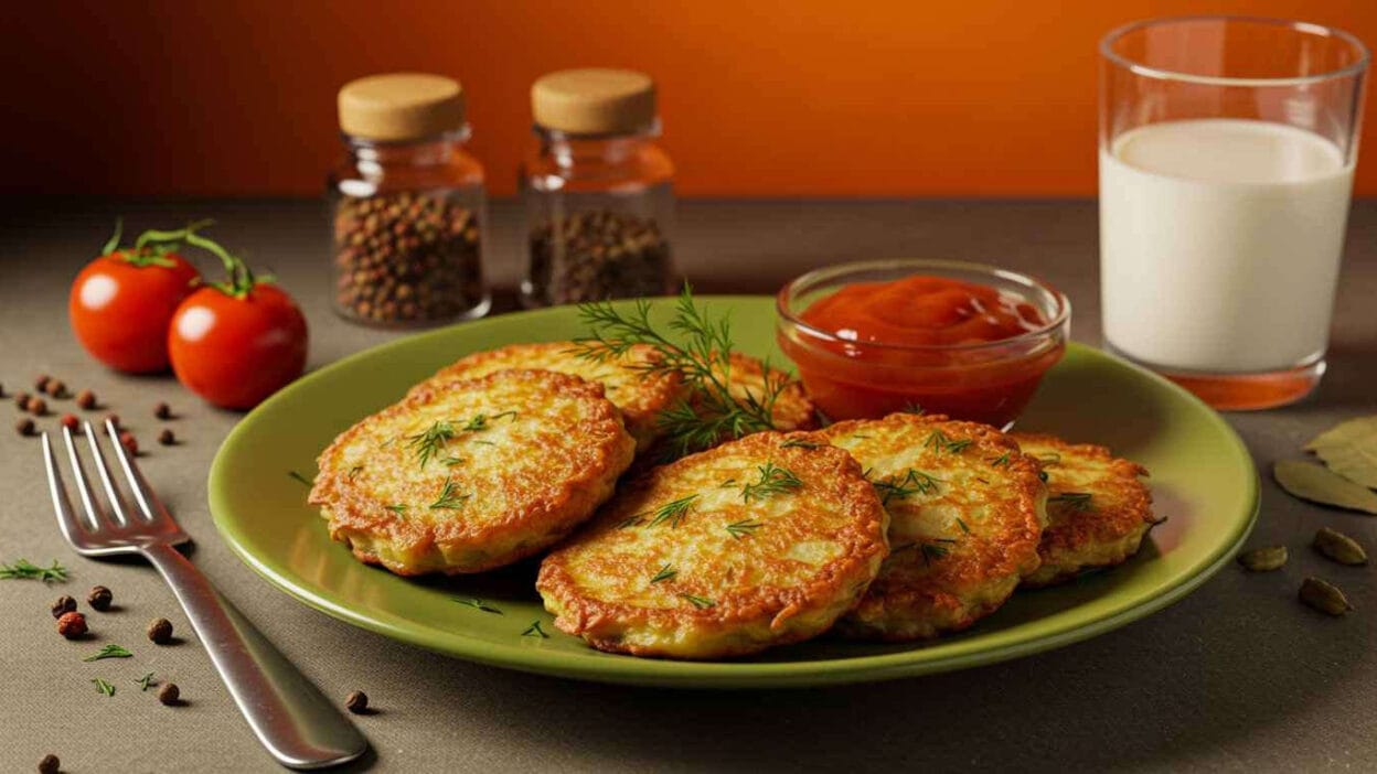 Golden potato pancakes garnished with fresh dill, served with dipping sauce.
