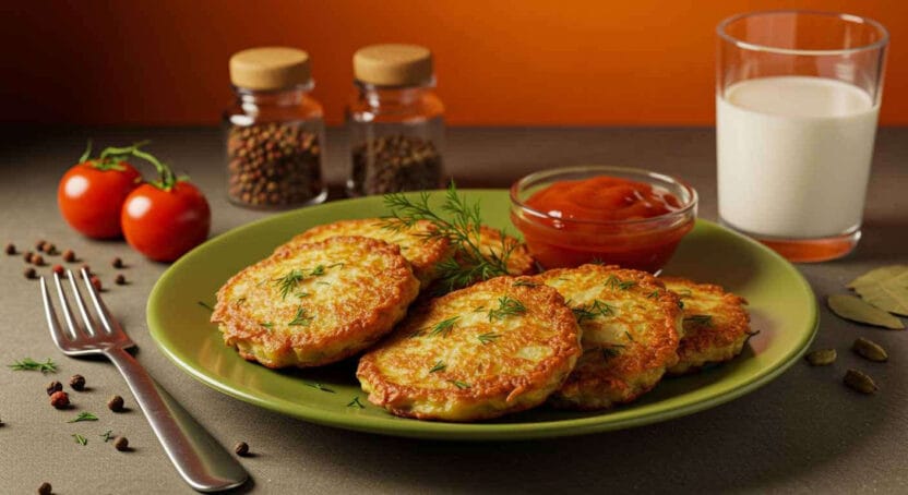 Golden potato pancakes garnished with fresh dill, served with dipping sauce.