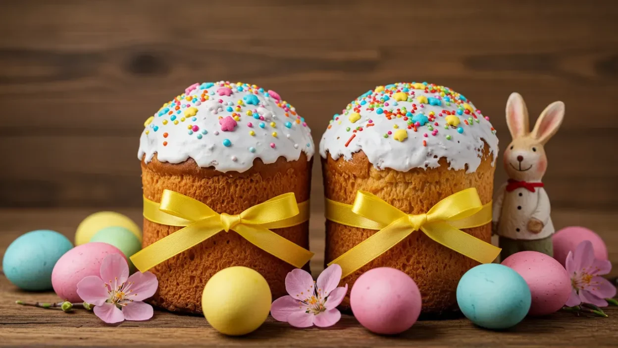 Two Easter cakes with icing and sprinkles, tied with yellow ribbons, surrounded by colorful eggs and flowers.