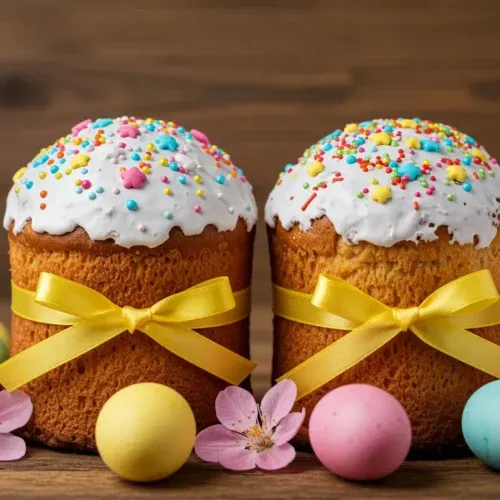 Two Easter cakes with icing and sprinkles, tied with yellow ribbons, surrounded by colorful eggs and flowers.