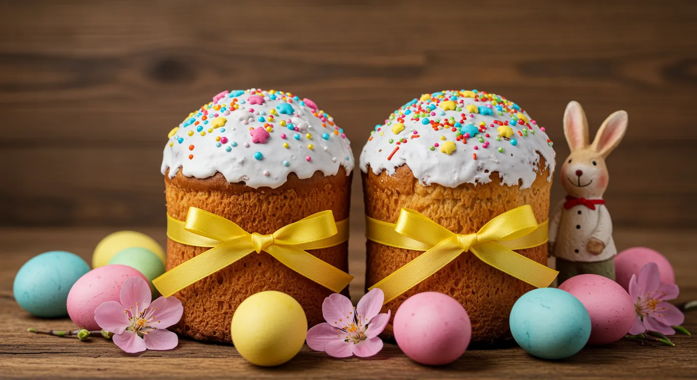 Two Easter cakes with icing and sprinkles, tied with yellow ribbons, surrounded by colorful eggs and flowers.