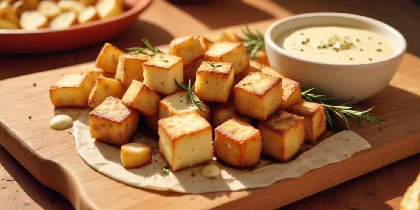 Fried cheese cubes served on parchment paper with dipping sauce.