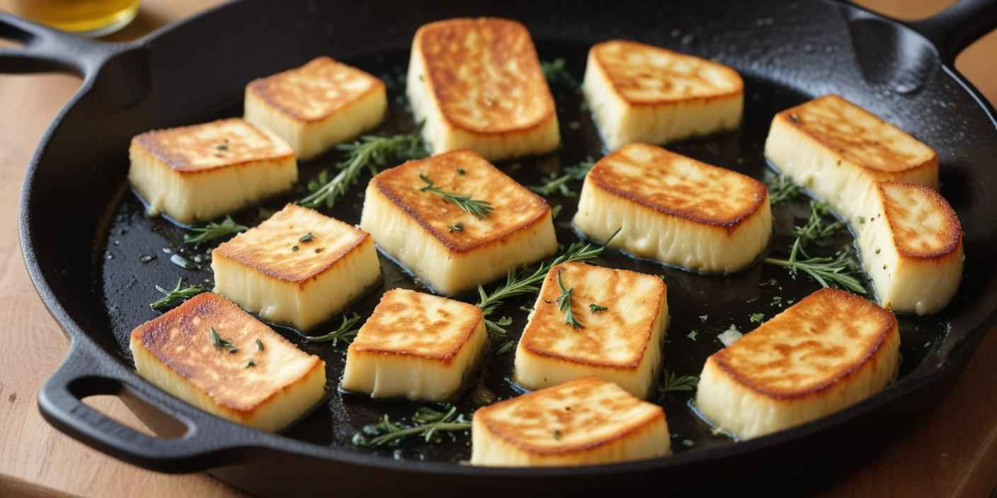 Golden-fried cheese cubes sizzling in a pan with fresh herbs.