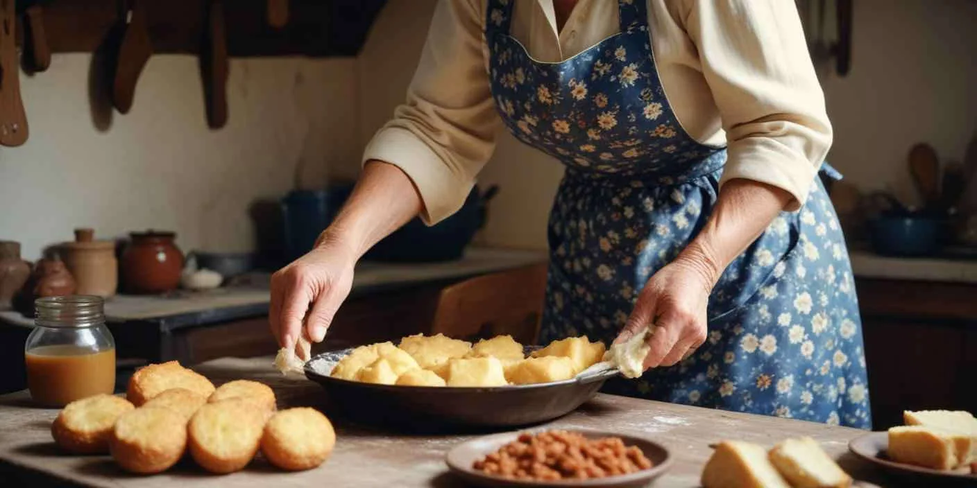Person in an apron preparing a dish with cheese cubes on a wooden table."