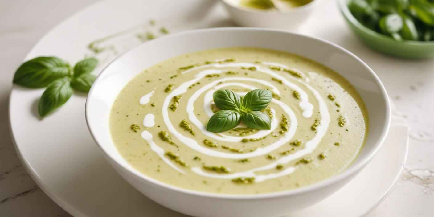 Creamy basil soup with a swirl of yogurt – A fresh green soup with a drizzle of yogurt and basil leaves for garnish.