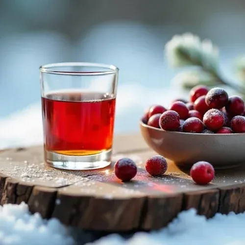 glass of cherry liqueur next to a bowl of cherries on a wooden board