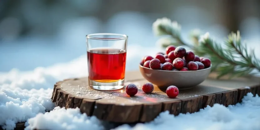 glass of cherry liqueur next to a bowl of cherries on a wooden board