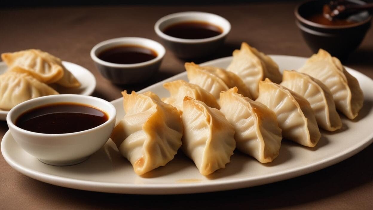 A plate of freshly steamed dumplings with dipping sauces in the background.