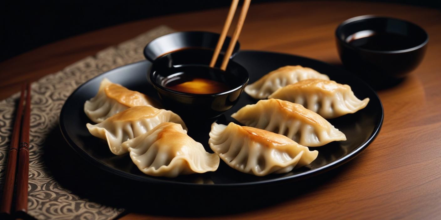 Steamed dumplings being dipped into soy sauce with chopsticks.