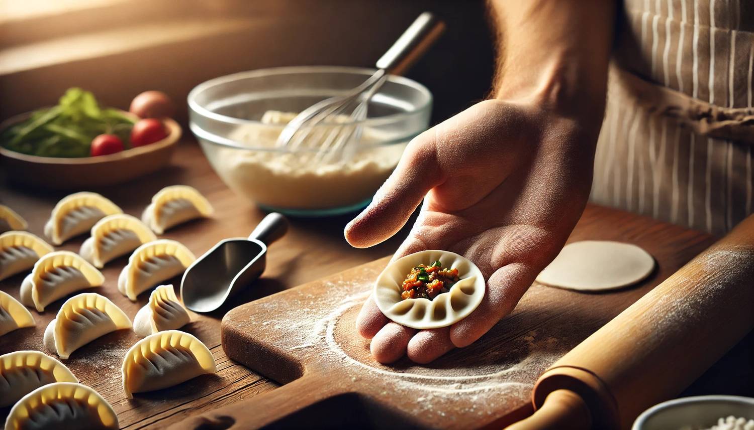 Hands carefully preparing a dumpling with fresh filling on a wooden surface.