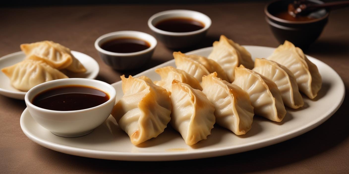 A plate of freshly steamed dumplings with dipping sauces in the background.