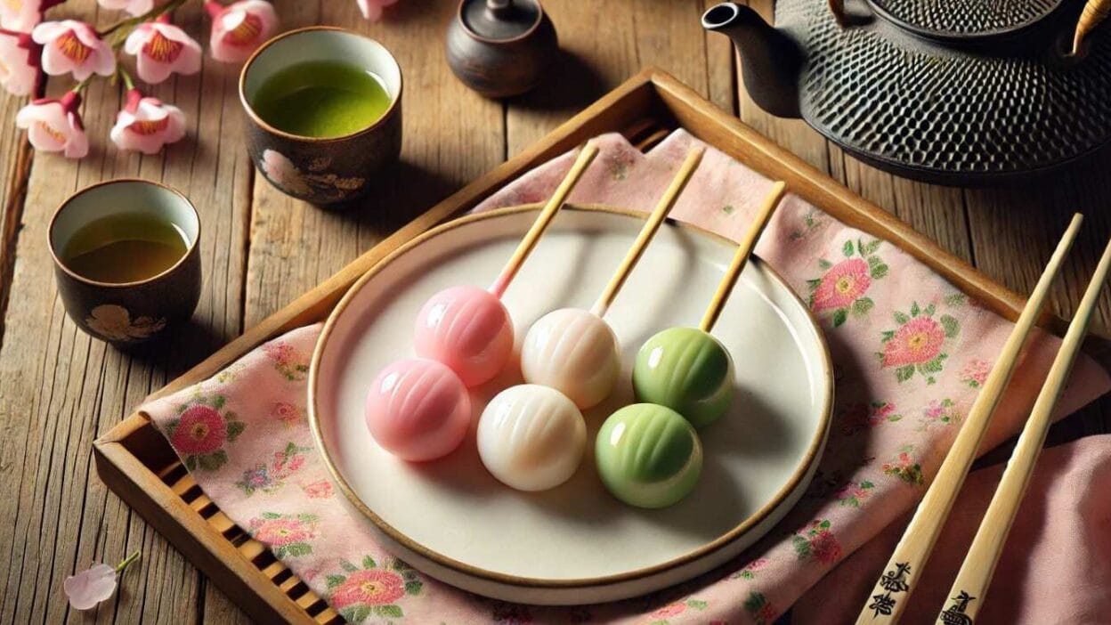 Hanami dango skewers with tea – A beautifully plated set of hanami dango skewers served alongside a cup of green tea, celebrating cherry blossom season.