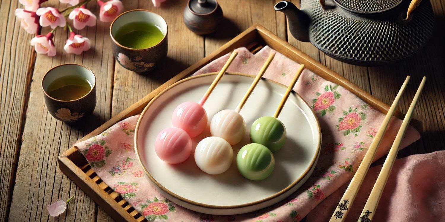 Hanami dango skewers with tea – A beautifully plated set of hanami dango skewers served alongside a cup of green tea, celebrating cherry blossom season.