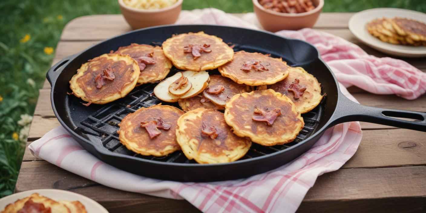 Savory pancakes with crispy bacon pieces and mushrooms cooking in a pan.