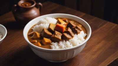 Bowl of Japanese-style curry with rice, featuring tender meat and vegetables. BookOfFoods