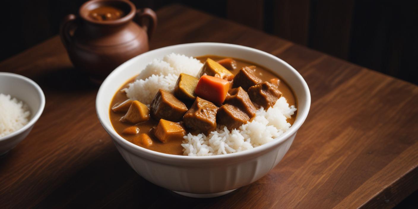 Bowl of Japanese-style curry with rice, featuring tender meat and vegetables. BookOfFoods