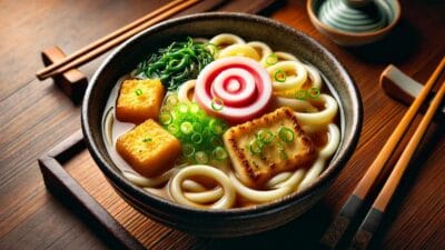 A bowl of Kitsune Udon with udon noodles, fried tofu, green onions, and narutomaki in dashi broth, served on a wooden table with chopsticks.