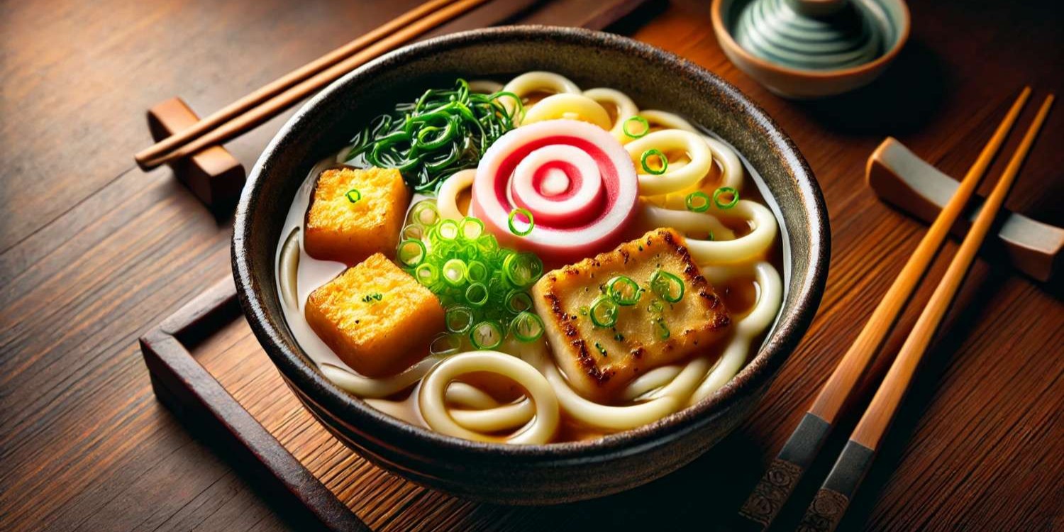 A bowl of Kitsune Udon with udon noodles, fried tofu, green onions, and narutomaki in dashi broth, served on a wooden table with chopsticks.