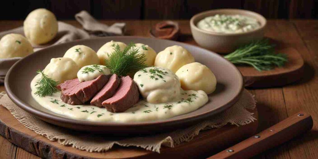 A plate of boiled potatoes and sliced sausage topped with creamy sauce and dill.