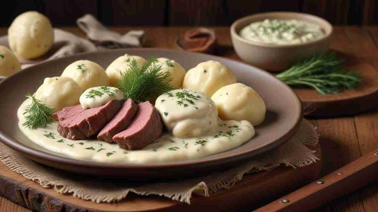 A plate of boiled potatoes and sliced sausage topped with creamy sauce and dill.