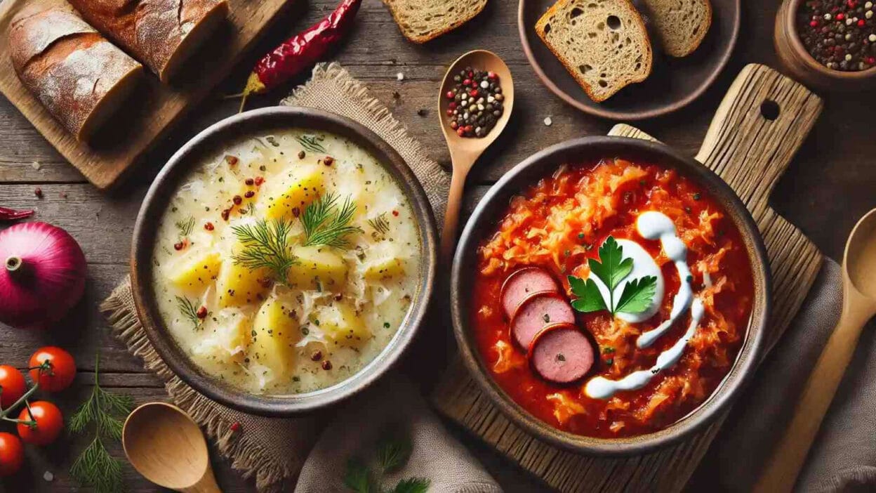 Rustic kitchen setting with two bowls of traditional soups – creamy potato soup and sausage stew. BookOfFoods