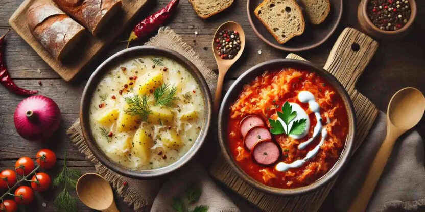Rustic kitchen setting with two bowls of traditional soups – creamy potato soup and sausage stew. BookOfFoods
