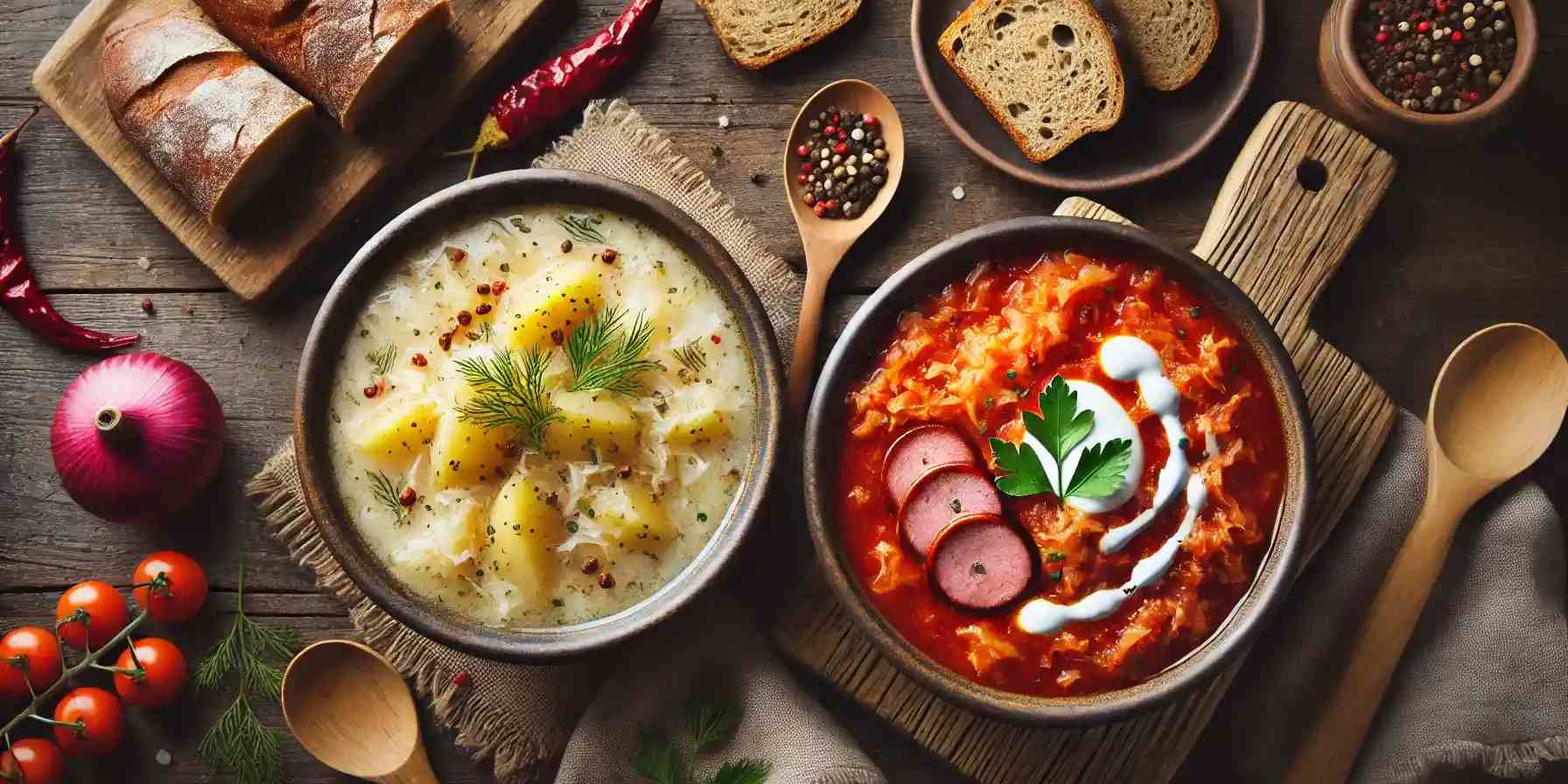 Rustic kitchen setting with two bowls of traditional soups – creamy potato soup and sausage stew. BookOfFoods