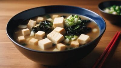 A bowl of miso soup with tofu cubes, seaweed, and green onions.