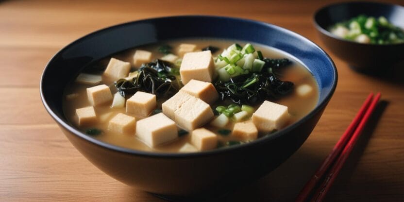 A bowl of miso soup with tofu cubes, seaweed, and green onions.