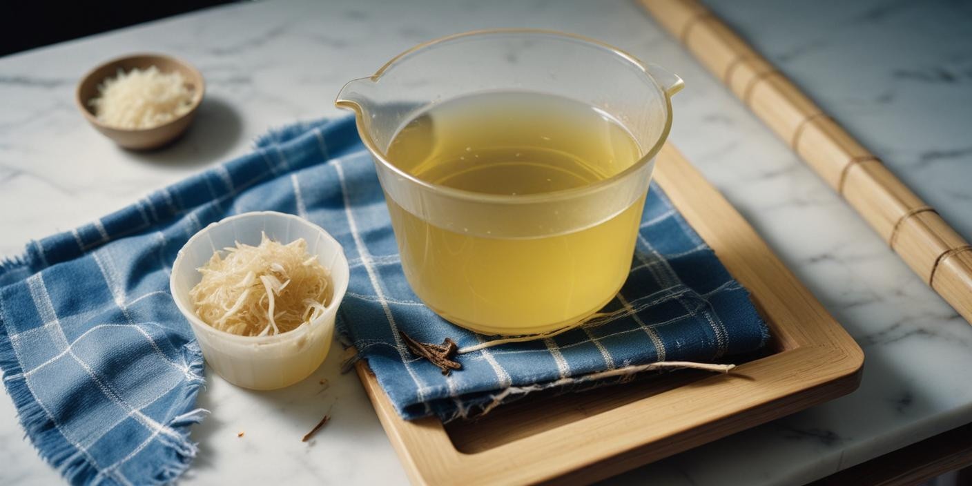 A glass cup filled with freshly brewed herbal tea, placed on a blue napkin.