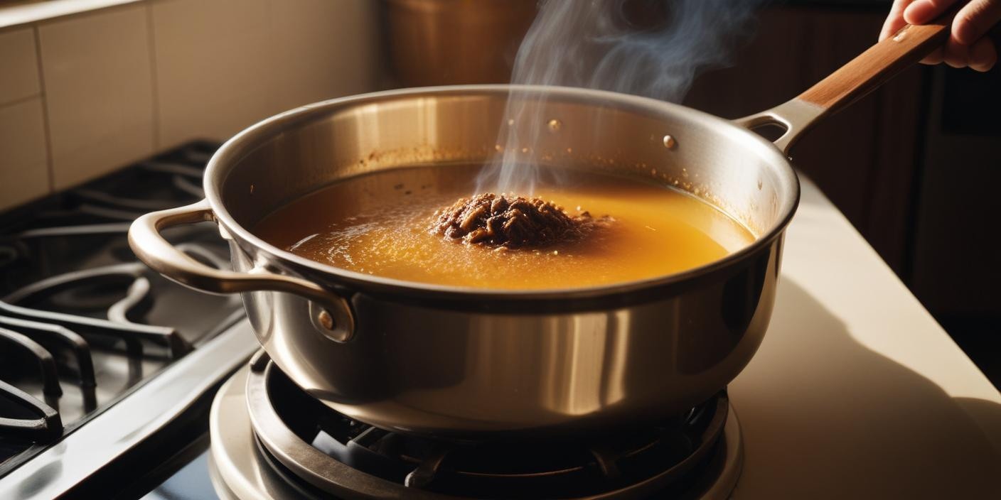 A pot of steaming miso soup with dark miso paste dissolving into the broth.