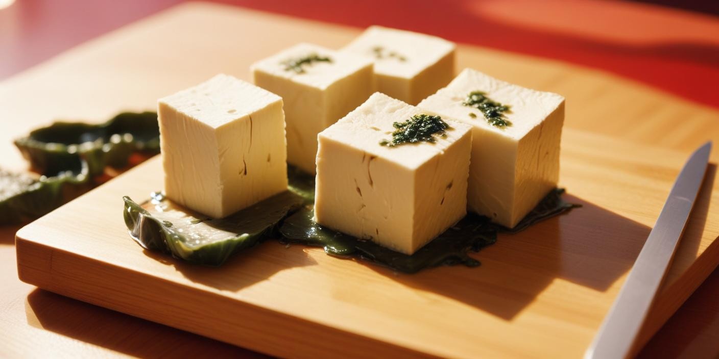 Cubes of fresh tofu garnished with finely chopped herbs, served on a wooden board.