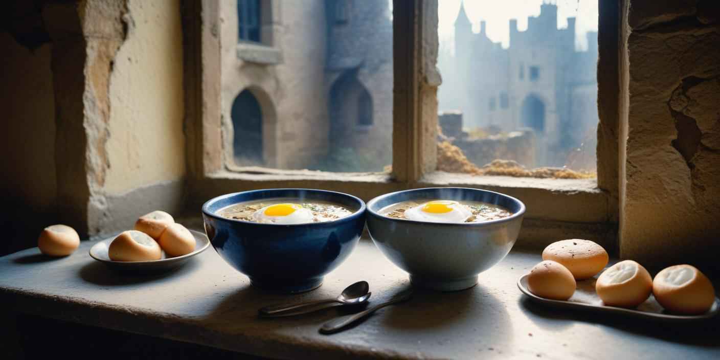 Medieval-style soup bowls by a window – Two bowls of thick, rustic soup with poached eggs placed on a wooden table by an old stone window.