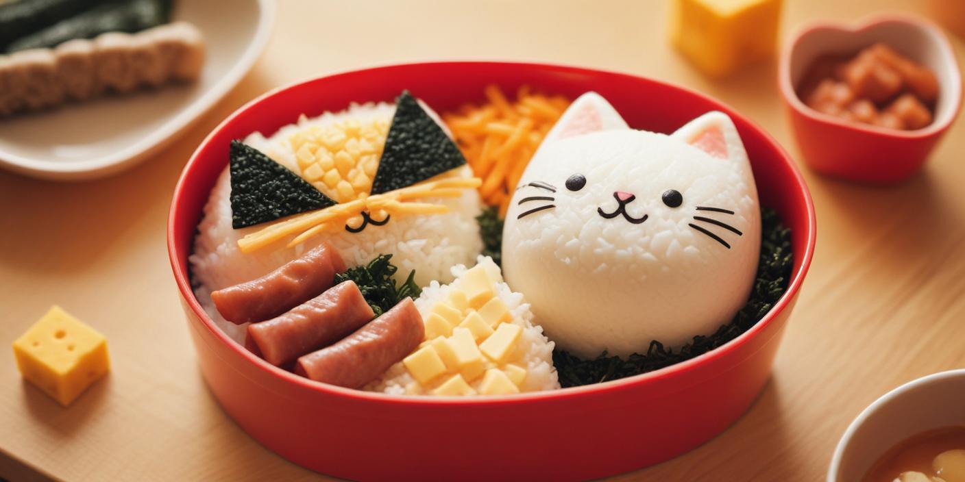 Cute cat-shaped bento box – A kawaii-style Japanese bento box featuring rice shaped like a smiling cat, with seaweed details, sausages, cheese, and vegetables.