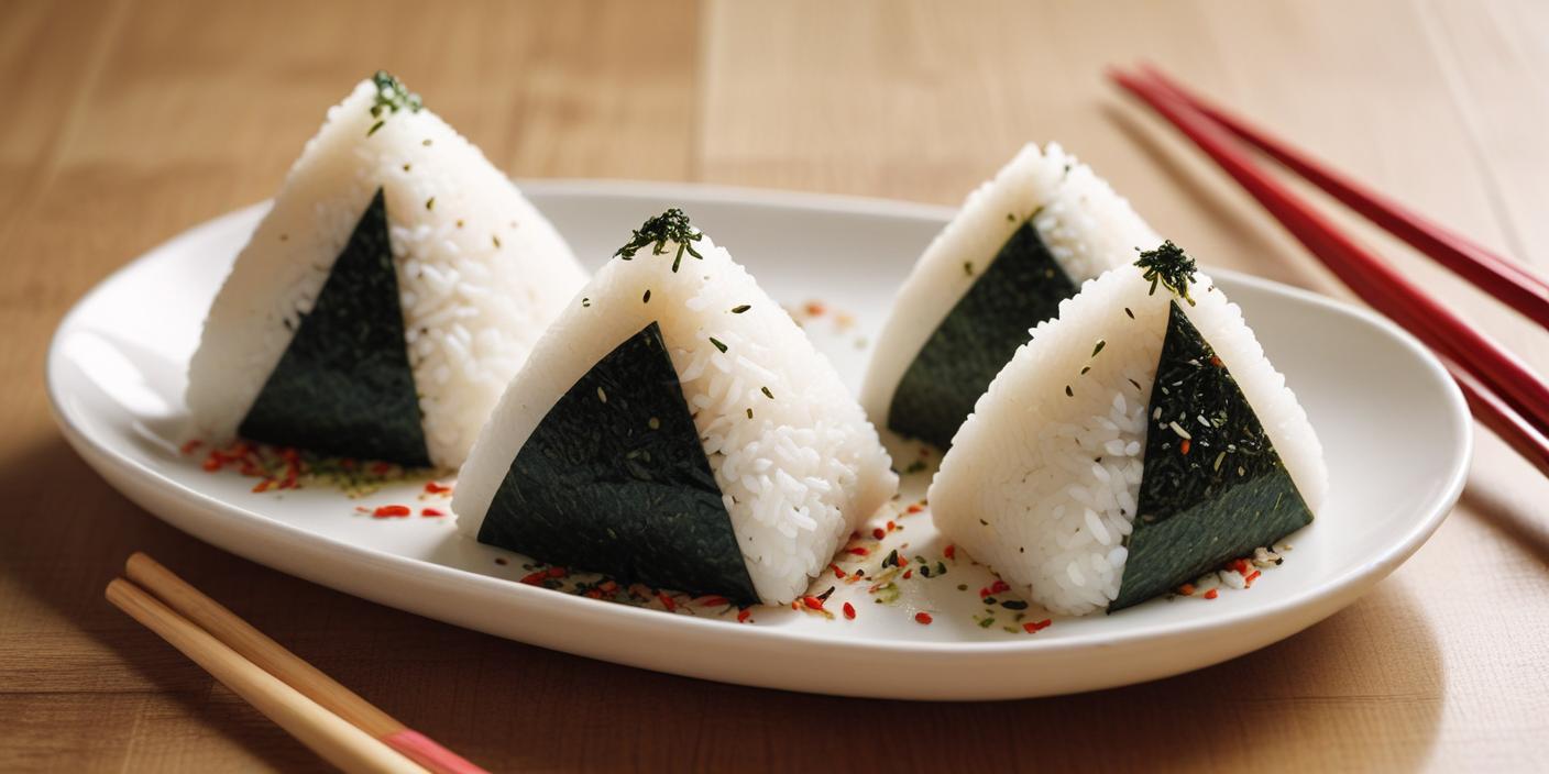 Classic onigiri rice balls – A plate of neatly shaped Japanese onigiri rice balls wrapped in seaweed, garnished with sesame seeds and red seasoning flakes.