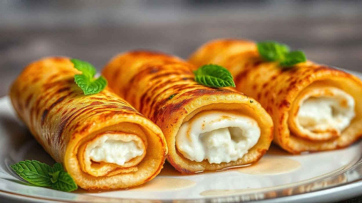 Crispy rolled crepes filled with creamy cheese, served on a plate.
