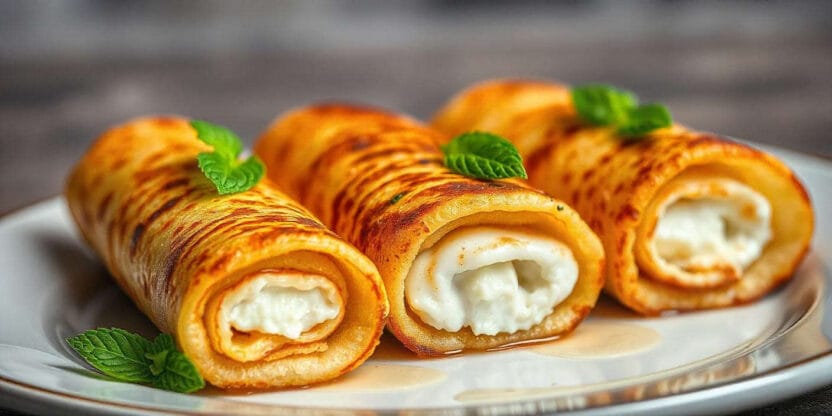 Crispy rolled crepes filled with creamy cheese, served on a plate.
