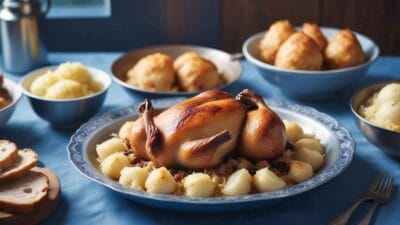 A perfectly roasted whole chicken served with potatoes and stuffing on a blue plate.