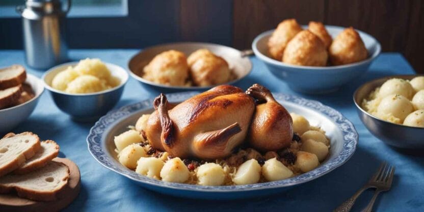 A perfectly roasted whole chicken served with potatoes and stuffing on a blue plate.