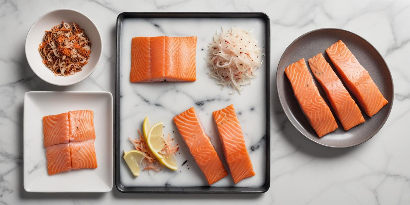 Fresh salmon sashimi platter – A minimalistic display of fresh salmon sashimi slices arranged on a marble surface, garnished with thinly sliced onions and lemon wedges.