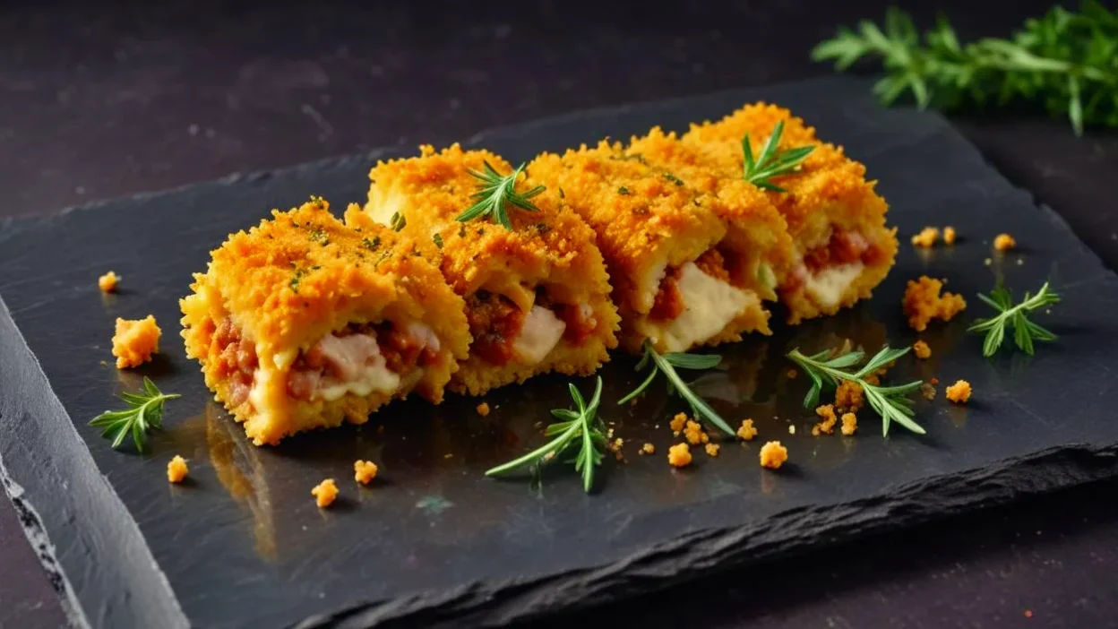 A plate of crispy golden-brown stuffed pancakes, served with a side of sauce, fresh herbs, and garnishes.