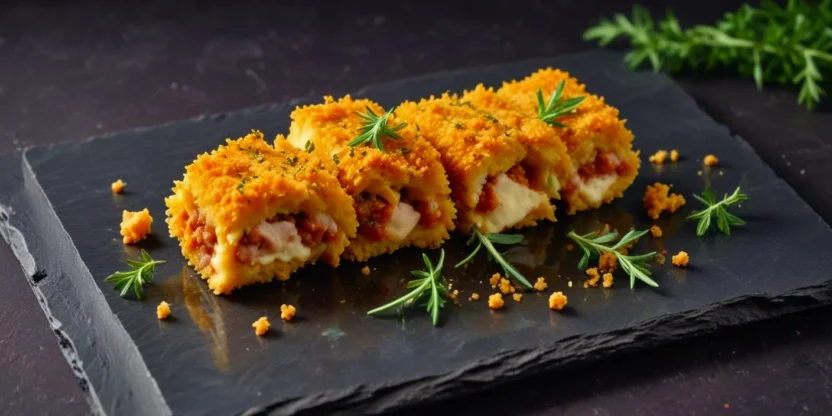 A plate of crispy golden-brown stuffed pancakes, served with a side of sauce, fresh herbs, and garnishes.